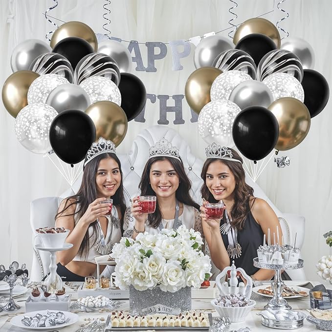 Black Gold Silver Balloon Set, 12 Inch Marble Black and Metallic Chrome Gold Silver with Clear Star Print Grad Latex Balloons for Boy Girls Birthday Party Graduation Retirement Baby Shower Decorations