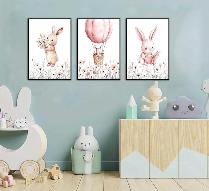 3Pcs Pink Nursery Bunny Wall art Hot Air Balloon Cute Rabbit Wildflowers Painting Pictures Wall Decor Easter Nursery Poster Print Artwork for Girls and Boys Kids Room Baby Room Decor Home Decoration