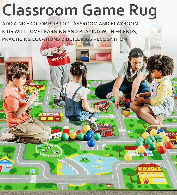 Kids Carpet Playmat Rug 6'6''x9'8'', Kids Rugs for Bedroom, Non-Slip Town City Road Map Car Rugs for Kids Toy Cars, Track Carpet Play Rug for Playroom Classroom Decor (Green)