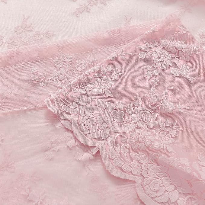 Pink Short Lace Curtains 36 Inch Length, 2 Panels, W42 x L36 Inch Each, Country Rustic Floral Short Sheer Curtains for Kitchen Window Over Sink, Rod Pocket Privacy Light Filtering Small Cafe Curtains
