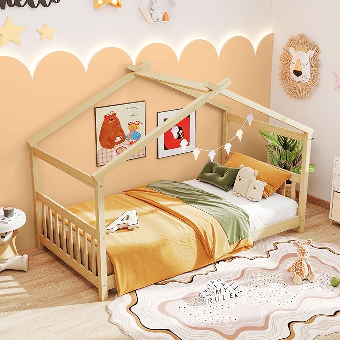 Giantex House Bed Twin, Solid Wood Kids House Bed with Roof, Headboard and Footboard, Low Floor Twin Bed Frame for Kids Teens Girls Boys, No Box Spring Needed, Natrual