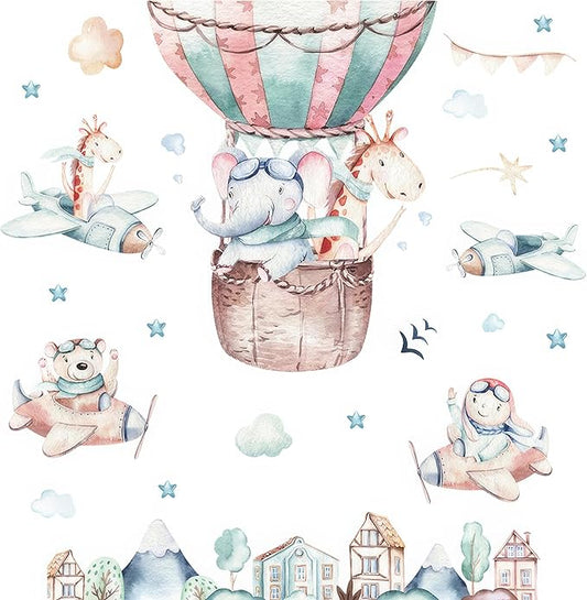 Flying Animals Wall Decals - Peel and Stick Hot Air Balloon Animals Wall Stickers, Aircrafts Decor for Baby Nursery, Toddler & Kids Bedroom Walls - Airplanes, Elephant, Giraffe, Bear