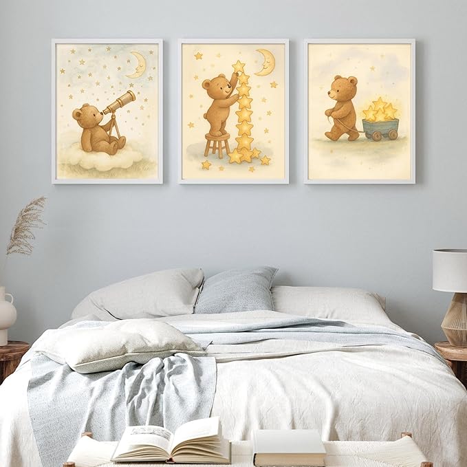 3Pcs Bear Nursery Wall Art Cute Teddy Bear with Stars and Moon Poster Animals Playing with Stars and Telescope Neutral Baby Room Decor Dreamy Prints for Kids and Babies Bedroom 8x10in Unframed
