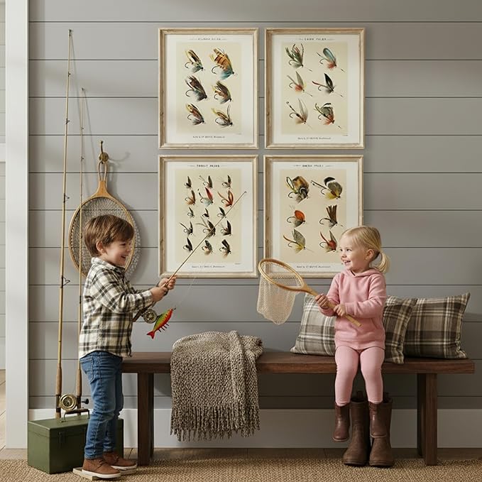 DREAM BIG PRINTABLES Vintage Fly Fishing Decor (Set of 4) - Unframed - 8x10 | Great Gift for Fisherman - Reproductions of Vintage Fishing Lure Art Prints - Rustic Decor