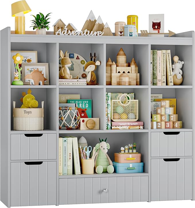 HITHOS 48" W Toy Storage Organizer, Large Kids Bookshelf with Rolling Toy Chest, Toy Organizer with Storage Bins, Book Shelf for Kids Room, Playroom Toy Box with 9 Open Cubbies for Boys/Girls, Grey