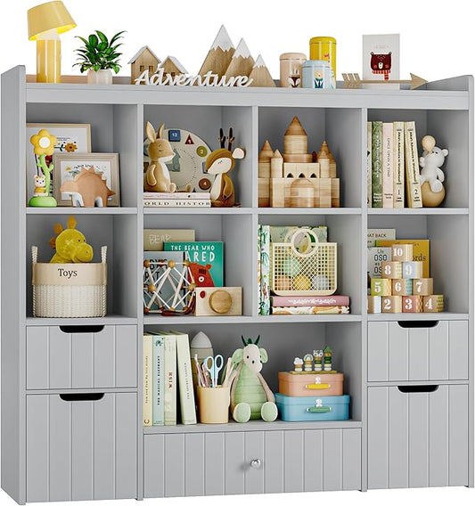 HITHOS 48" W Toy Storage Organizer, Large Kids Bookshelf with Rolling Toy Chest, Toy Organizer with Storage Bins, Book Shelf for Kids Room, Playroom Toy Box with 9 Open Cubbies for Boys/Girls, Grey