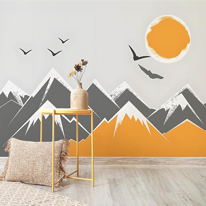 AM AMAONM 63x89.8inch Large Abstract Snowy Mountain Wall Decal, Warm Earth Tones, Watercolor Mountain Sun Wallpaper, Removable Wall Contact Paper Mural for Nursery Living Room Background