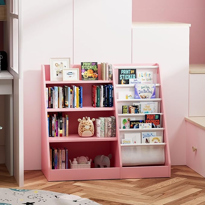 Pink 4-Tier Kids Wooden Bookshelf,5 Layer Sling Bookcase,Baby Storage Book Rack,Kids Book Toy Organizer Chest,Infant Toddler Front Facing Book Display,Playroom Classroom Nursery Church Bedroom