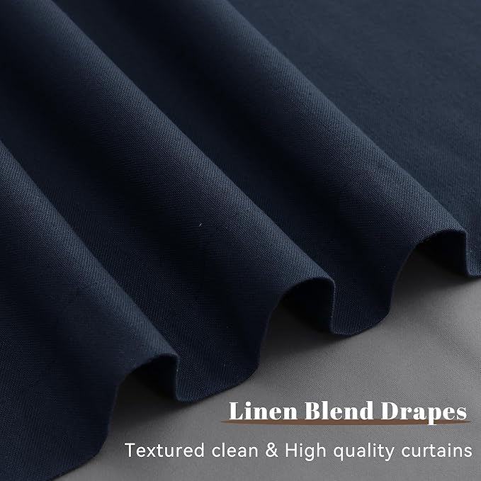 Guken Navy Blue 100% Room Darkening Linen Curtains for Living Room Bedroom 80 Inches Long Textured Elegant Back Tab 100% Blackout Thermal Insulated Soundproof 2 Panel Sets Dark Blue 52x80