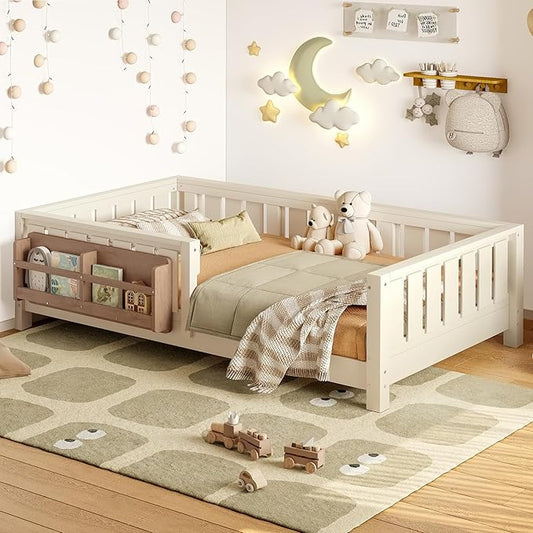 Bellemave Twin Floor Bed with Slats and Safety Guardrail, Twin Size Montessori Floor Bed with Fence and Built-in Bookshelf, Easy Assemble Montessori Beds for Kids, Girls, Boys, Beige