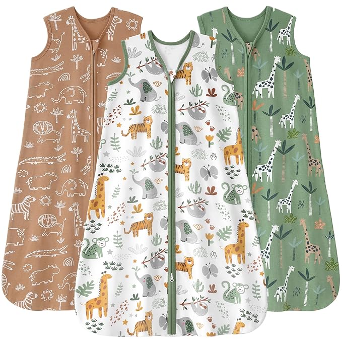 Baby Sleep Sack 0-6 months, 100% Cotton Sleeping Sack for Newborn and Infant, 3 Pack Baby Wearable Blanket for Boy and Girl, 0.5 Tog Lightweight Double Zipper Sleep Bag Green Brown Giraffe