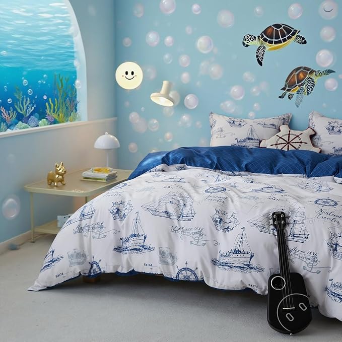 Simple&Opulence 100% Organic Cotton Duvet Cover for Kids Teens,3 Pieces Soft Cartoon Comforter Cover with Zipper Closure, Boys Bedding Set with Sailboat Pattern,Twin