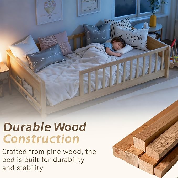 Twin Toddler Floor Bed with High Rails, Wooden Montessori Bed Frame with Built-in Book Rack, Twin Size Bed Frame for Kids, Boys and Girls, Natural