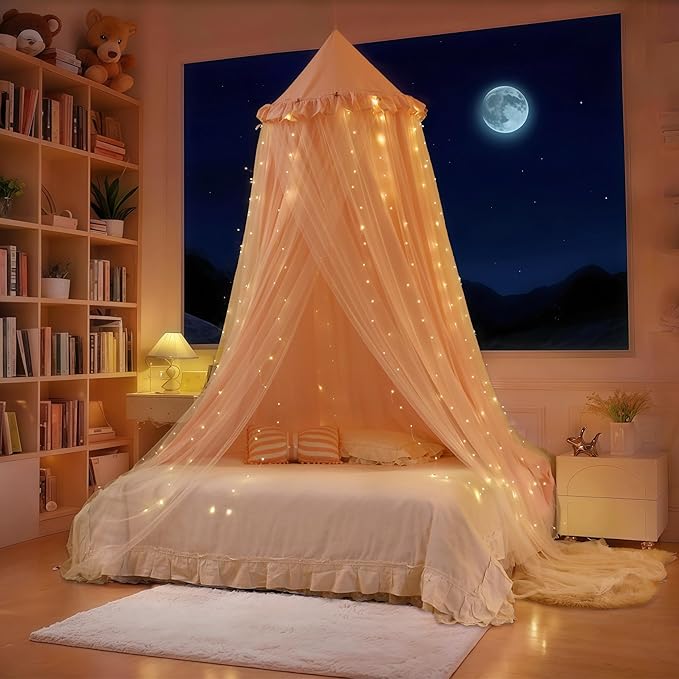 Eimilaly Princess Bed Canopy for Girls, Double Layer Canopy with 250pcs Warm White Curtain Lights, Fits Twin/Full Bed - Fairy Bed Tent for Kids Room Decor,Pink