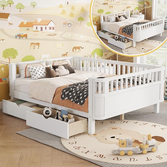 Full Size Kids Bed Frame with Rails, Wood Montessori Bed Full with 2 Storage Drawers &Slats Support, Modern Daybed with Removable Bed Rails for Girls Boys Bedroom Living Room, White