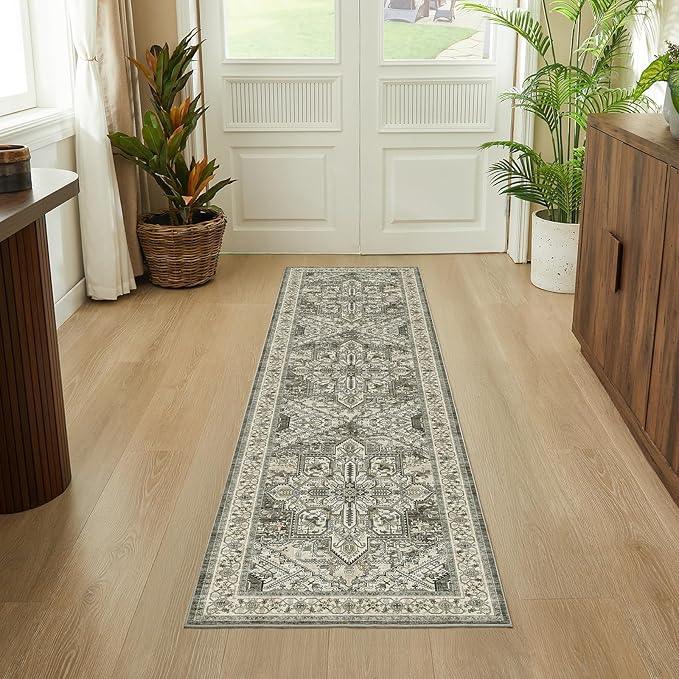 WITSHOCK 2x8 Runner Rug for Hallway, Washable Rug Distressed Boho Soft Low Pile Stain Resistant Foldable Carpet for Kitchen Entryway Indoor Entrance Laundry Farmhouse Home Decor, Brown/Lvory