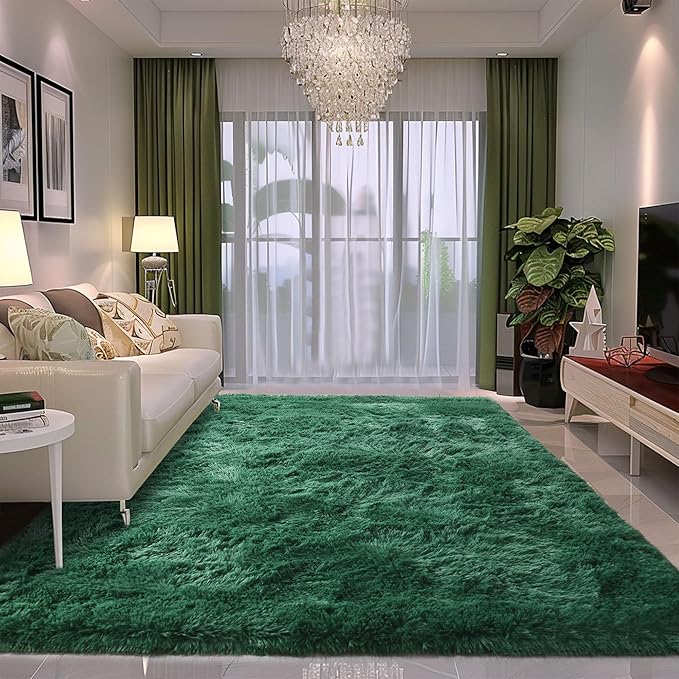 Fluffy Rug Stain Resistant 4x6 Feet, Dark Green Area Rug for Bedroom, Super Soft Shaggy Rugs Room Carpet Floor Rug