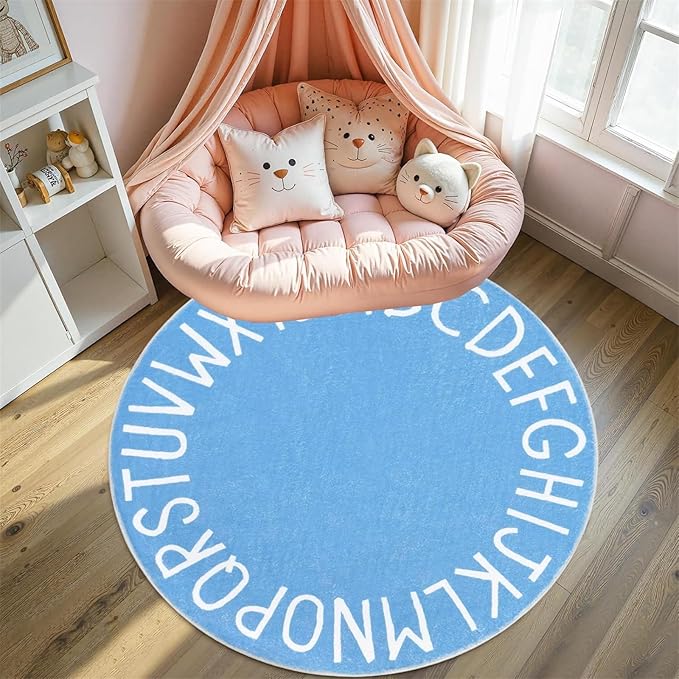 Round ABC Kids Carpet Alphabet Nursery Area Rug Extra Large Soft Crawling Play Mat Suitable for Children's Bedrooms - Non-Slip and Machine Washable-3ft Blue