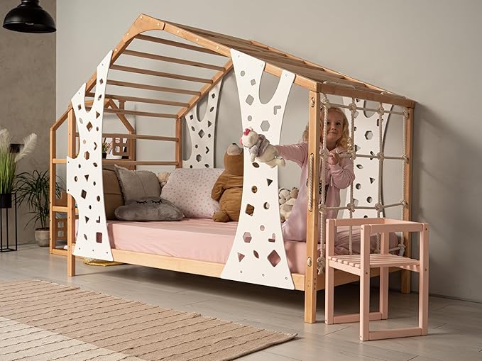 BUSY WOOD Montessori Bed for Toddlers - Toddler Montessori Bed - Twin Bed Frame for Kids - Indoor Climbing Gym Bed - Jungle Gym Bed - Wooden Monkey Gym Bed
