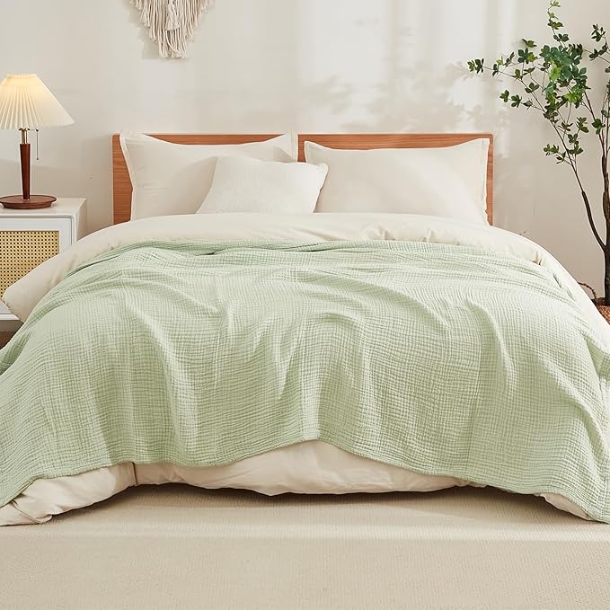 EMME Cotton Muslin King Blanket Bed Layering Breathable Gauze Blanket Soft Lightweight Blankets Adults (Mint Green, 108"x90")