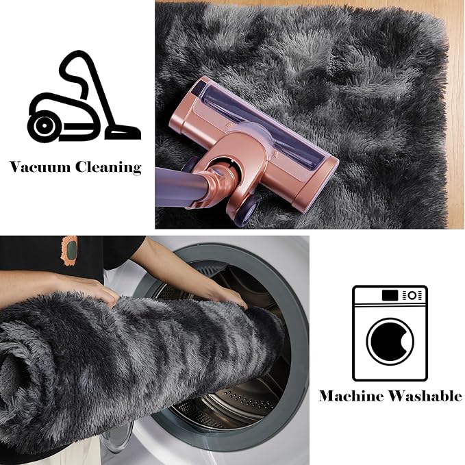 ONASAR 8x10 Area Rugs for Living Room, Tie-Dyed Dark Grey Fluffy Shag Large Bedroom Rug, Black Gray Washable Soft Plush Thick Floor Big Indoor Carpet for Nursery Kids Boys Girls Teen Dorm Home Decor