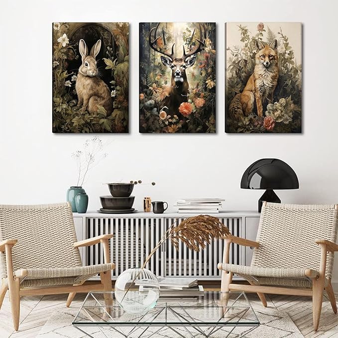 3pcs Vintage Forest Animal Canvas Wall Art Wild Animal Deer Rabbit Fox Paintings Pictures Dark Academia Wall Decor Gothic Botanical Posters Print Artwork for Living Room Office Decor 16x24in