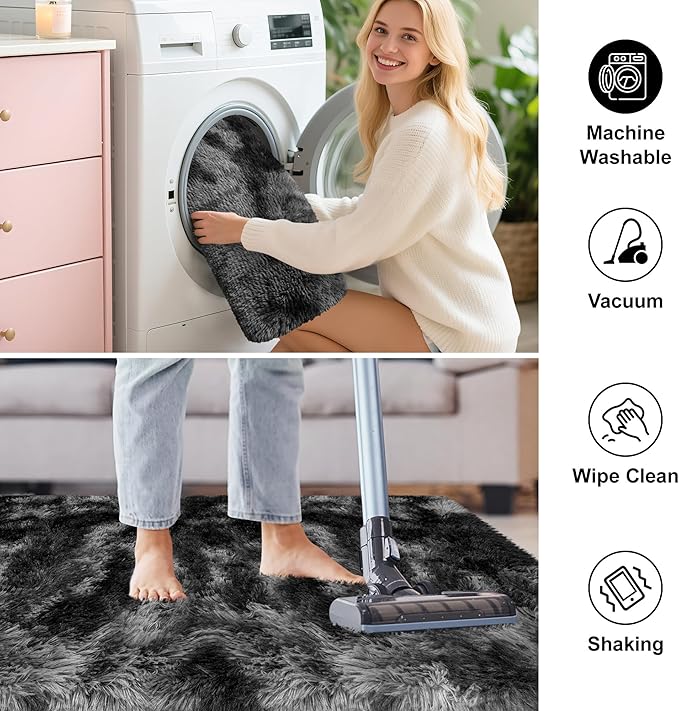 4x6 Dark Grey and Black Fluffy Rug for Bedroom Living Room Soft Fuzzy Large Shag Carpet Furry Plush Big Area Rug Indoor Kids Play Mat for Girls Boys Room Dorm Nursery Home, Tie Dye