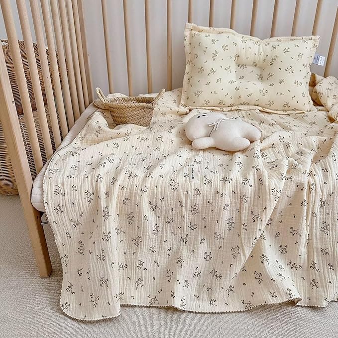BuLuTu Muslin Baby Blanket Cotton Quilt Blankets for Toddlers Girls Boys Soft Breathable Muslin Nursery Quilt for Baby,Olive Pattern,47"x51"