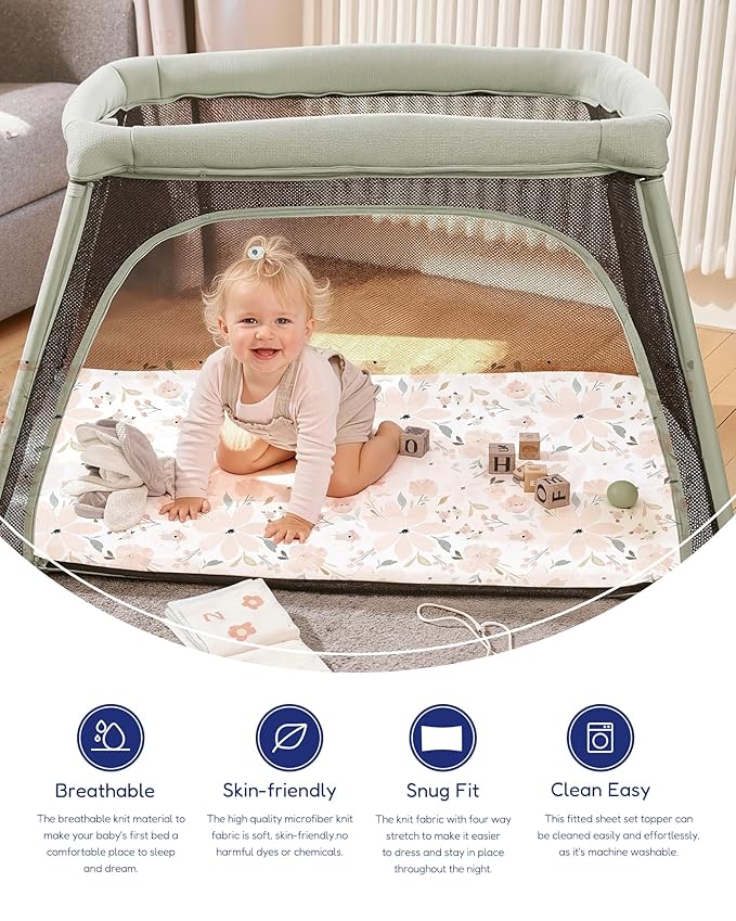 TotAha Buttery Soft Mini Crib Sheets Girl, Floral Pack N Play Mattress Sheets Hypoallergenic, Premium Jersey Playrad Sheets, Pink Flower Graco Pack and Play Sheets Fitted 2 Pack