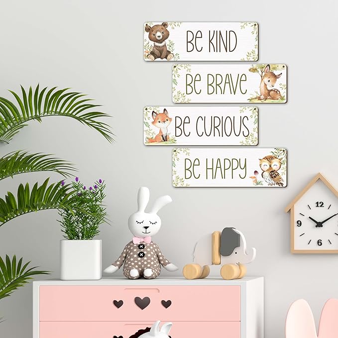 Woodland Nursery Decor, Jungle Safari Animals Boysroom Wall Sign Art, Be Kind Brave Curious Happy Decorations for Kids Boys, 4 Pieces Wood Sign, 3.9x11.8 In-A03