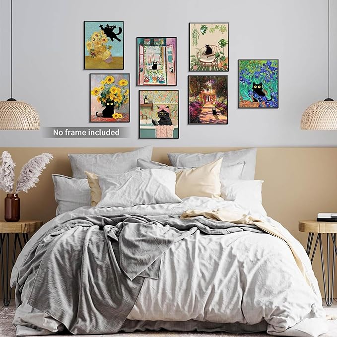 Funny Black Cat Poster Wall Art Set of 9, Vintage Van Gogh Black Cat Canvas Prints, Colorful Cat Floral Aesthetic Prints Wall Decor Paintings for Bedroom Bathroom Dorm Home Decor 8x10In Unframed