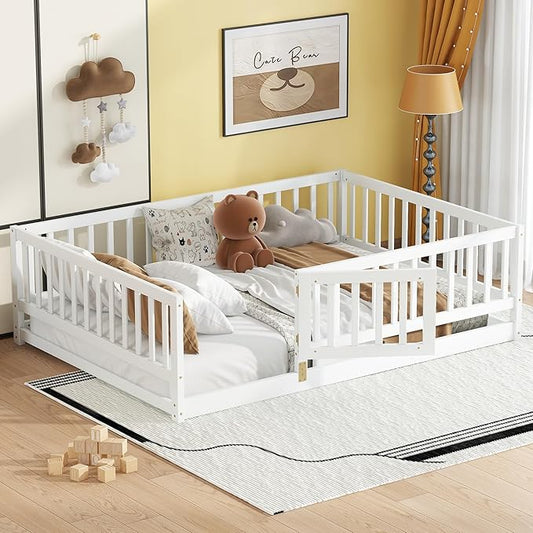 Full Size Floor Bed Frame with Door and Slats,Montessori Floor Bed with Safety Guardrails for Girls Boys,Solid Wood Kids Montessori Bed Full Size,White