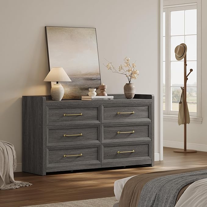 SICOTAS 6 Drawer Dresser for Bedroom-56.4" Extra-Wide Wooden Chest of Drawers with Large Storage, Long Dresser TV Stand with Drawers, Modern Closet Dressers for Nursery Living Room, Dark Grey Oak