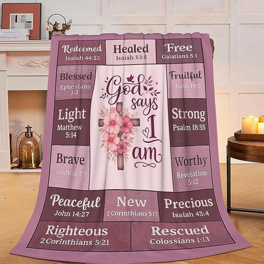 God Says I Am Christian Bible Verse Throw Blanket Religious Inspirational Soft Cozy Fleece Fuzzy Plush Warm Stuff Bedding Blankets Gifts for Boys Girls Kids Adult Men Women 50"X60"