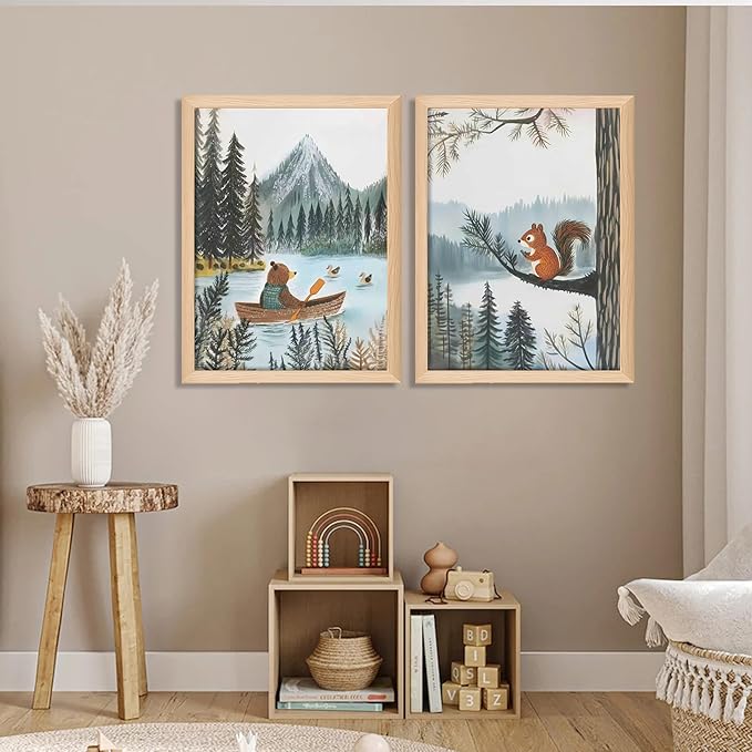 Framed Cute Animals Wall Art Set of 3, Woodland Bear Canoe Adventure Nursery Decor, Owl Squirrel Kids Room Pictures Prints, Wild Animals Canvas Wall Decor for Baby Room Decor – 16x24 inch