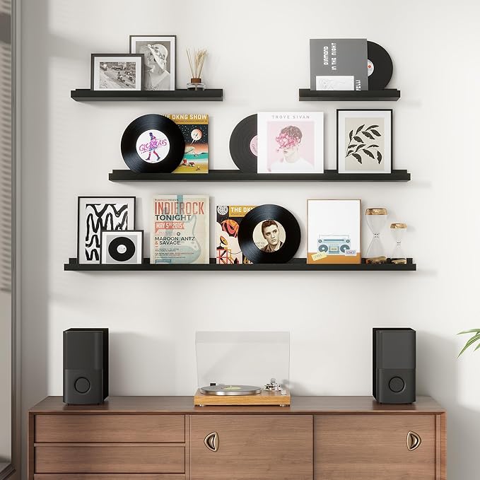 Picture Ledge Wall Shelves 56 Inches Width Set of 3, Solid Pine Wood Rustic Floating Ledge for Kids' Room Bedroom Kitchen Bathroom, Long Floating Shelves for Wall Decor, Black