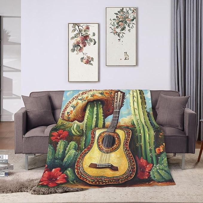 Western Guitar Blanket Cactus Decor Throw Blanket Super Soft Flannel Lightweight Fluffy Plush Cozy Fuzzy Fleece Cowboy Gifts Blanket for Kids Boys Adults Man for Bed Sofa 50"X60"