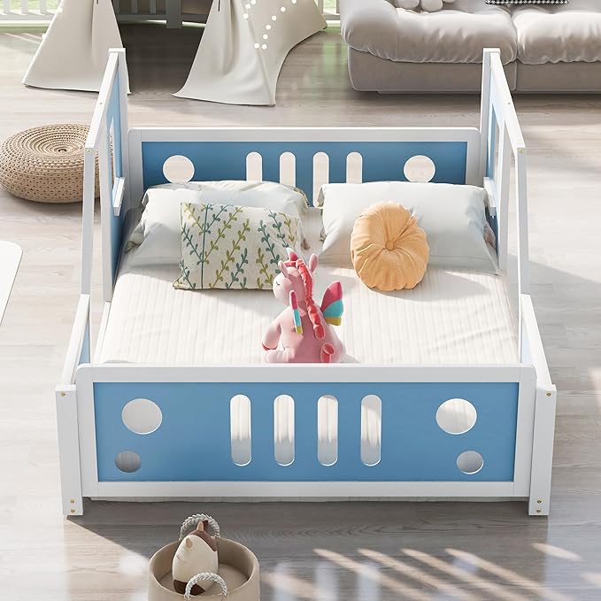 Bellemave Twin Full Size Kids Car Bed, Classic Car-Shaped Platform Bed with Wheels, Wood Full Montessori Floor Bed Frame for Kids Boy Girls, Lightning McQueen Bed (Blue+Black)