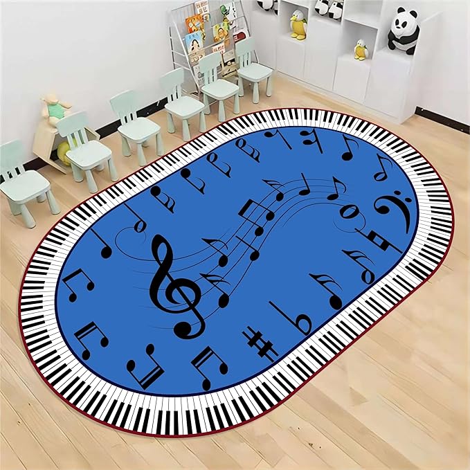 Kids Piano Music Area Rug, 3x4ft, Black and White Keys Musical Notes Design Rug, Music Classroom Decorative Floor Mats, Non-Slip Washable Indoor Carpet for Children's Bedroom Playroom Nursery