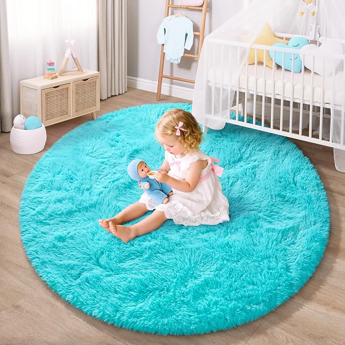 EVOIONOS Teal Blue Round Rug for Bedroom, 5x5 Ft Fluffy Soft Circle Area Rugs for Living Room, Plush Shaggy Circular Carpet for Indoor Floor Bedside Kids Nursery, Machine-Washable Home Decor Aesthetic