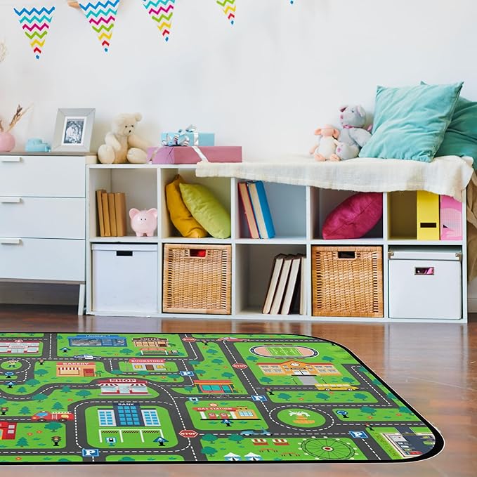Kids Car Road Play Rug - City Town Map Track Soft Non-Slip 2x3 Ft Carpet Traffic Mat Washable Playroom Bedroom Boys Nursery Educational Area Rug Entrance Mats Classroom Decor (24"x 36")