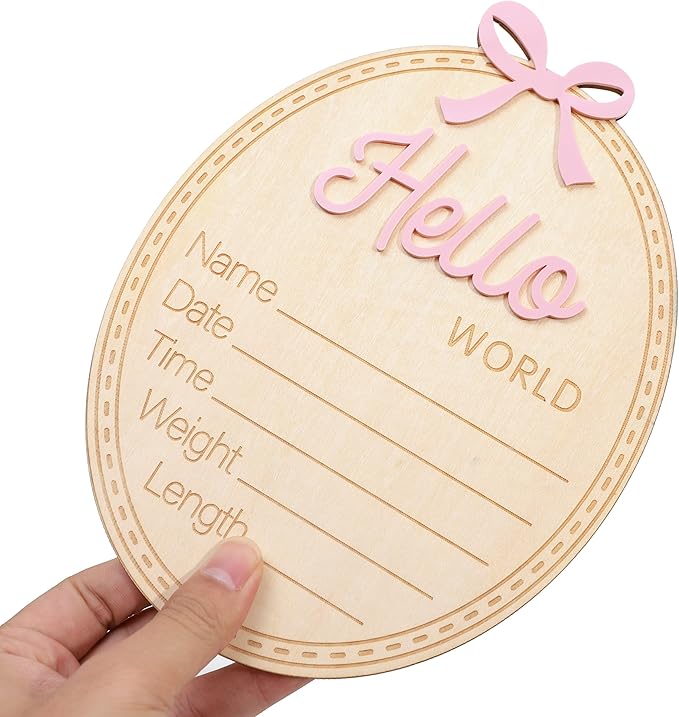 2pcs Wooden Bow Hello World/Footprint Sign - Bow Baby Girl Announcement Sign,Hello World Baby Girl Hospital Sign with Bow (Bow-2)