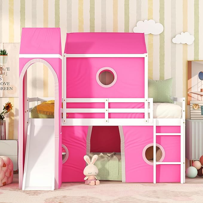 Playhouse Design Twin Size Low Loft Bed with Slide & Tent and Tower, Solid Wood Tent Bed Frame for Kids Boys Girls, Versatile Spacious Under Bed Space with Curtains (Pink-TW)