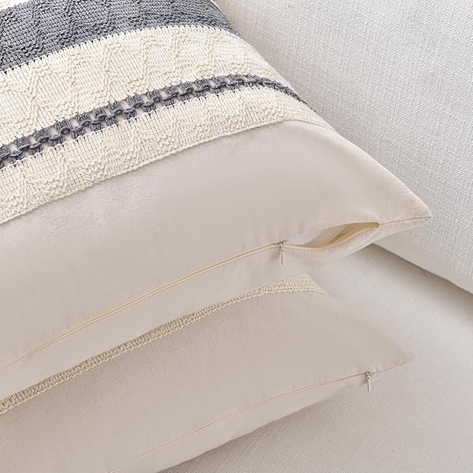 Fancy Homi Set of 2 Neutral Grey Farmhouse Lumbar Decorative Throw Pillow Covers 12x20 Inch for Couch Bed Chair, Vintage Country Rustic Retro Room Decor, Soft Thick Cotton Rectangle Cushion Case