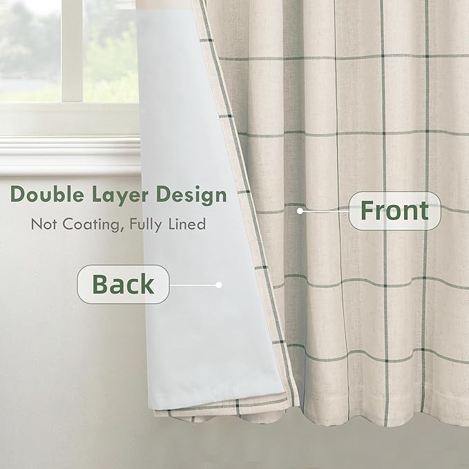 DriftAway 2 Panels 100% Blackout Windowpane Plaid Linen Curtains Double Layer Drapes for Bedroom 63 Inches Long Farmhouse Thermal Insulated 3.25 Inch Rod Pocket Back Tab for Living Room Loden Green