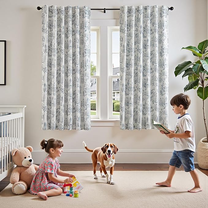 jinchan 95% Blackout Nursery Curtains 63 Inches Long, Bunny Woodland Toile Curtains Blue on Beige Animal Printed Drapes for Bedroom Rod Pocket Thermal Insulated Farmhouse Window Treatment 2 Panels