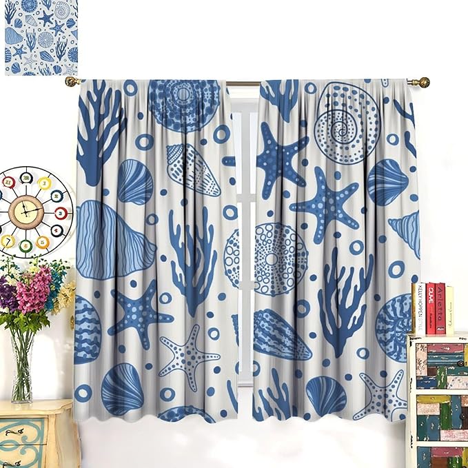 Coastal Nautical Curtains,Coral Starfish Seashell Beach Sea Starfish Seashell Theme Pattern Blackout Print Bedroom Living Room Window Treatmen 8 Panel Set 52x84 Inch