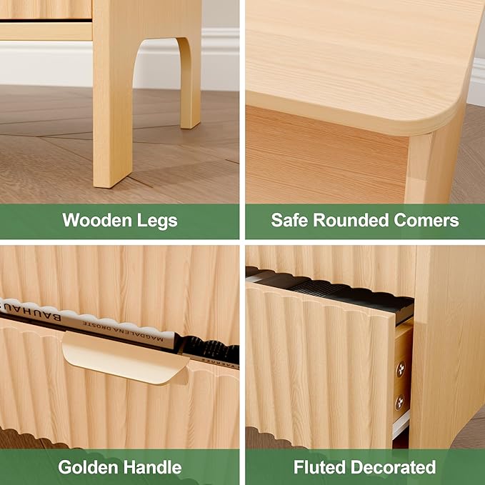 Fluted Nightstand Set 2 with Charging Station, Wood Night Stand with 2 Large Drawers and Storage Shelf, Natural Bed Side Tables Bedroom, Mid Century Modern Nightstand for Bedroom/Living Room