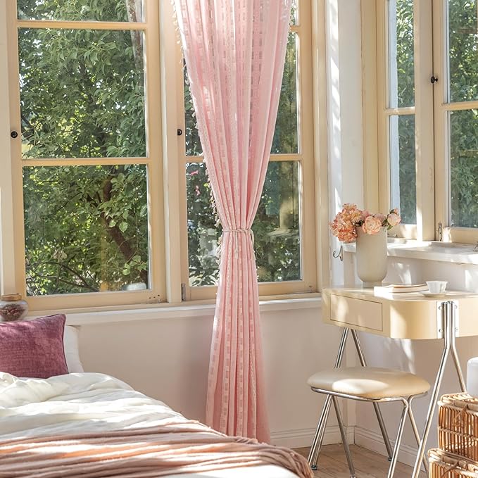 Deeprove Blush Pink Boho Curtain 63 inches Length for Living Room Girl Bedroom Nursery, Retro Casual Bohemian Sheer 63 inches Long Stripe Embroidery Privacy Window Tassel Decor W52 x L63, 1 Panel