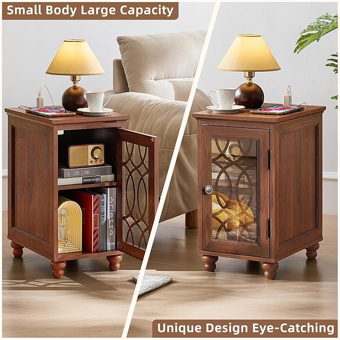 Narrow Side Table with Charging Station, Night Stand with Glass Door, Bedside End Tables with Adjustable Shelf Storage Cabinet,Wood Nightstand for Small Spaces Living Room Bedroom